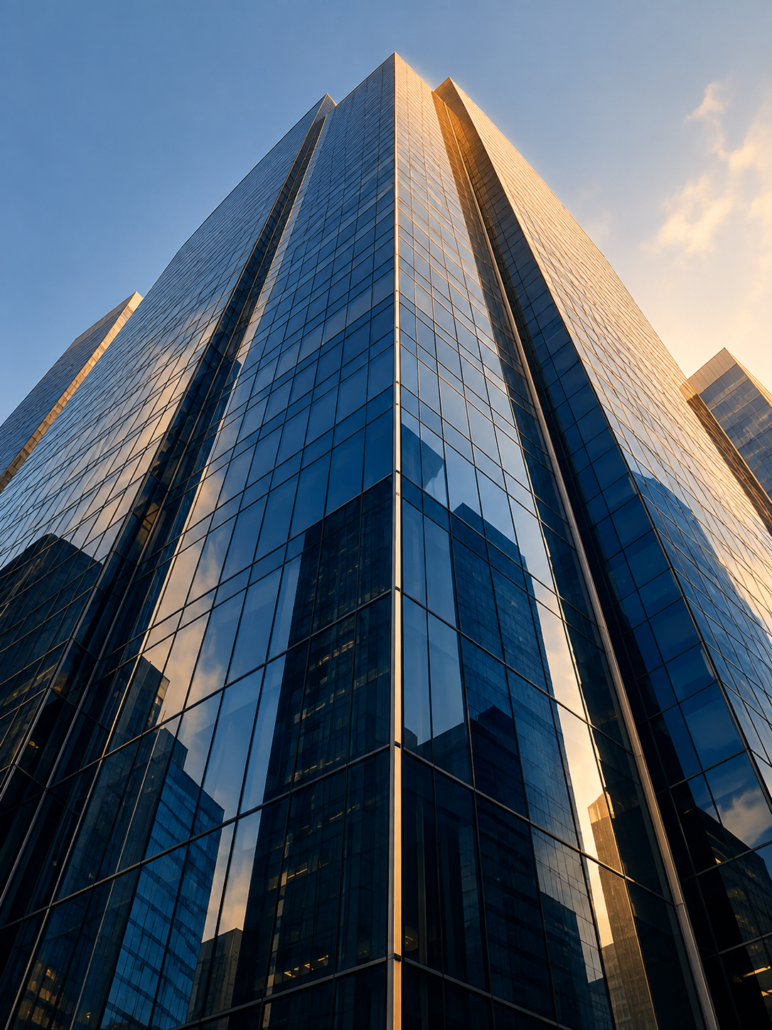 Glass architecture reaching toward warm sunlight